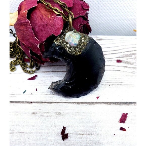Obsidian and opal moon pyrite encrusted Necklace - Picture 8 of 10